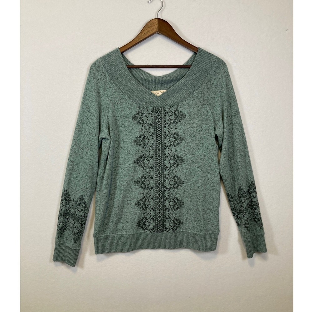 No Frills Los Angeles Women's Green Lace Detail V Neck Sweater Pullover XL